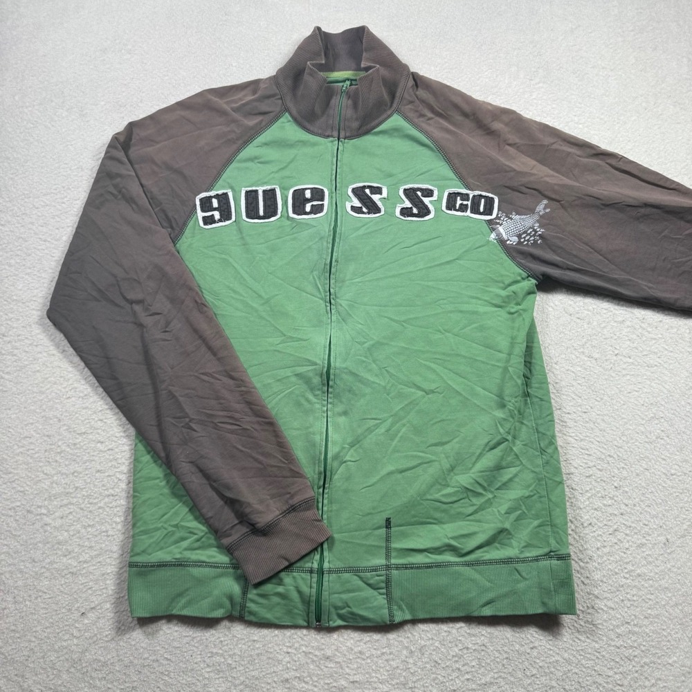 Guess Track Jacket Mens M Green Brown Good Y2K Colorblock Patch Logo Fish Zip